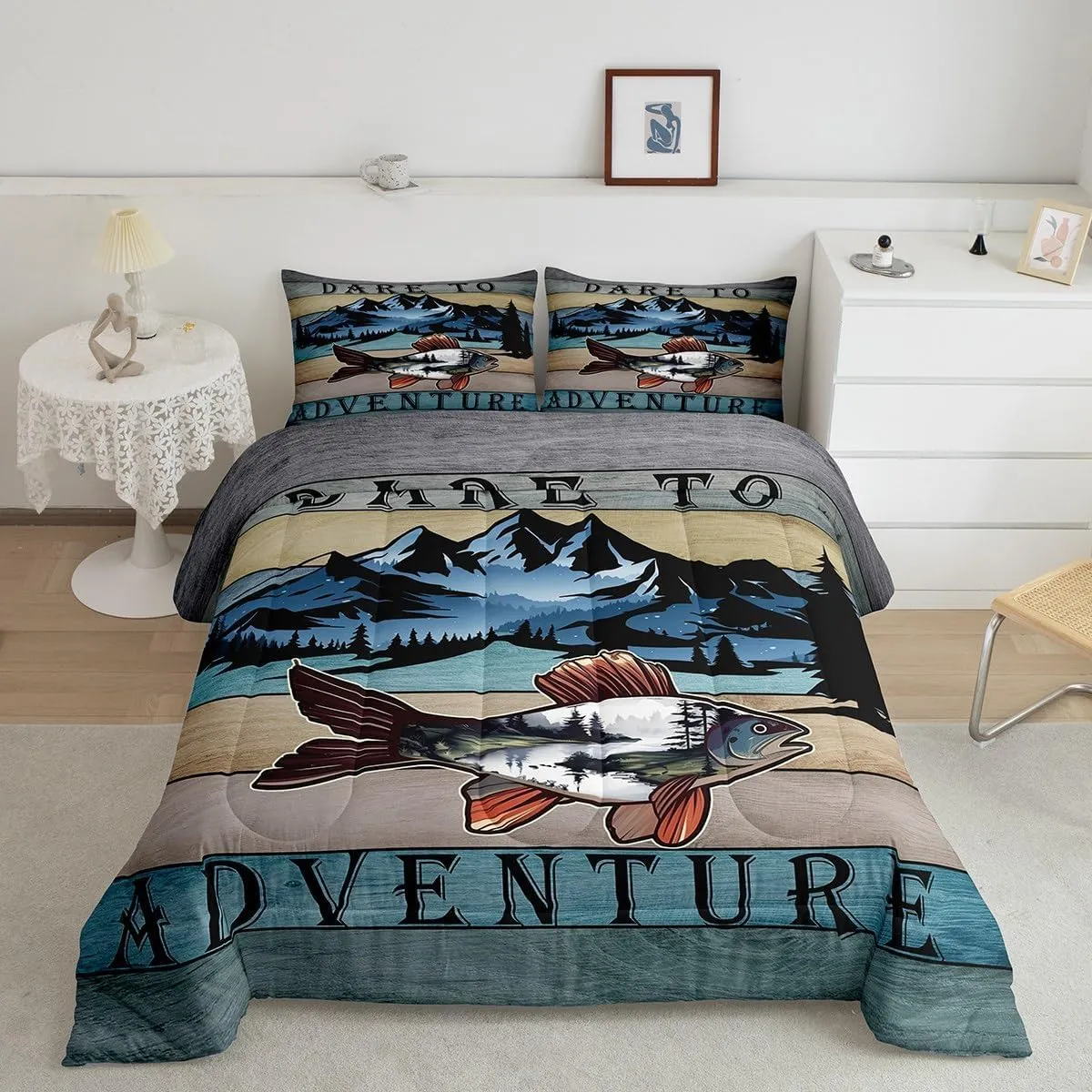Erosebridal Bass Fishing Comforter Full Size Sea Animal Bedding Set, Retro Stripe Down Comforter Rustic Lake House Bed Set, Woodland Jungle Scene Quilted Duvet Pine Tree Print Home Decoratives 3pcs