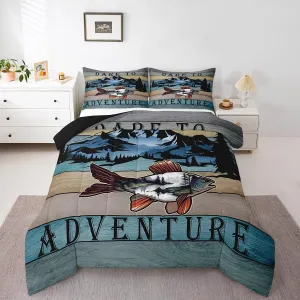 Erosebridal Bass Fishing Comforter Full Size Sea Animal Bedding Set, Retro Stripe Down Comforter Rustic Lake House Bed Set, Woodland Jungle Scene Quilted Duvet Pine Tree Print Home Decoratives 3pcs