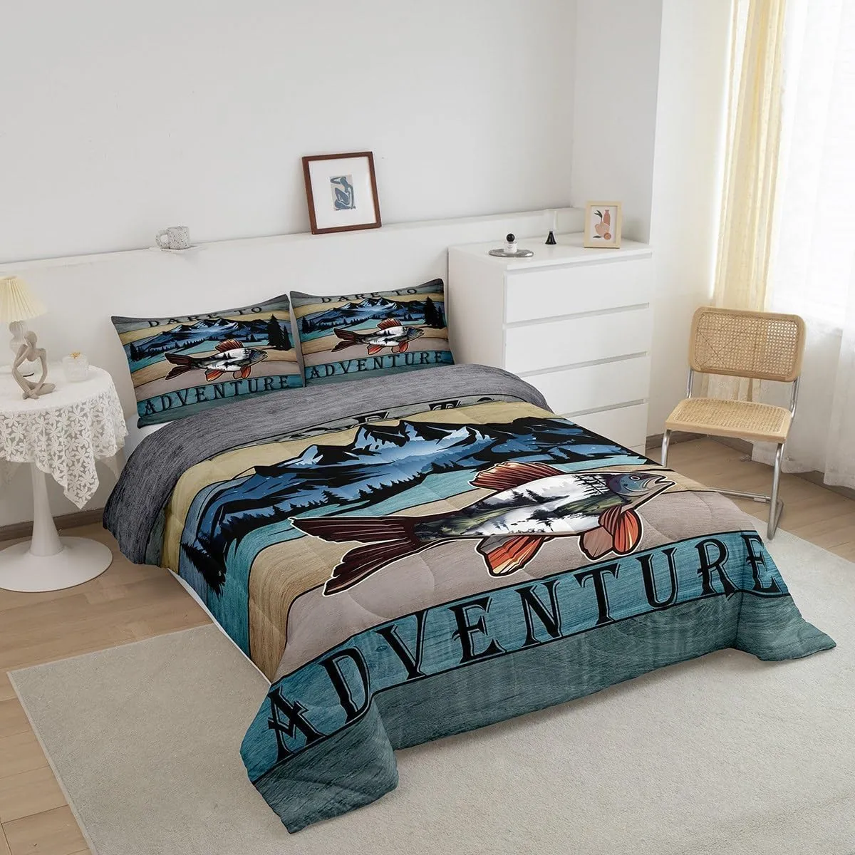 Erosebridal Bass Fishing Comforter Full Size Sea Animal Bedding Set, Retro Stripe Down Comforter Rustic Lake House Bed Set, Woodland Jungle Scene Quilted Duvet Pine Tree Print Home Decoratives 3pcs