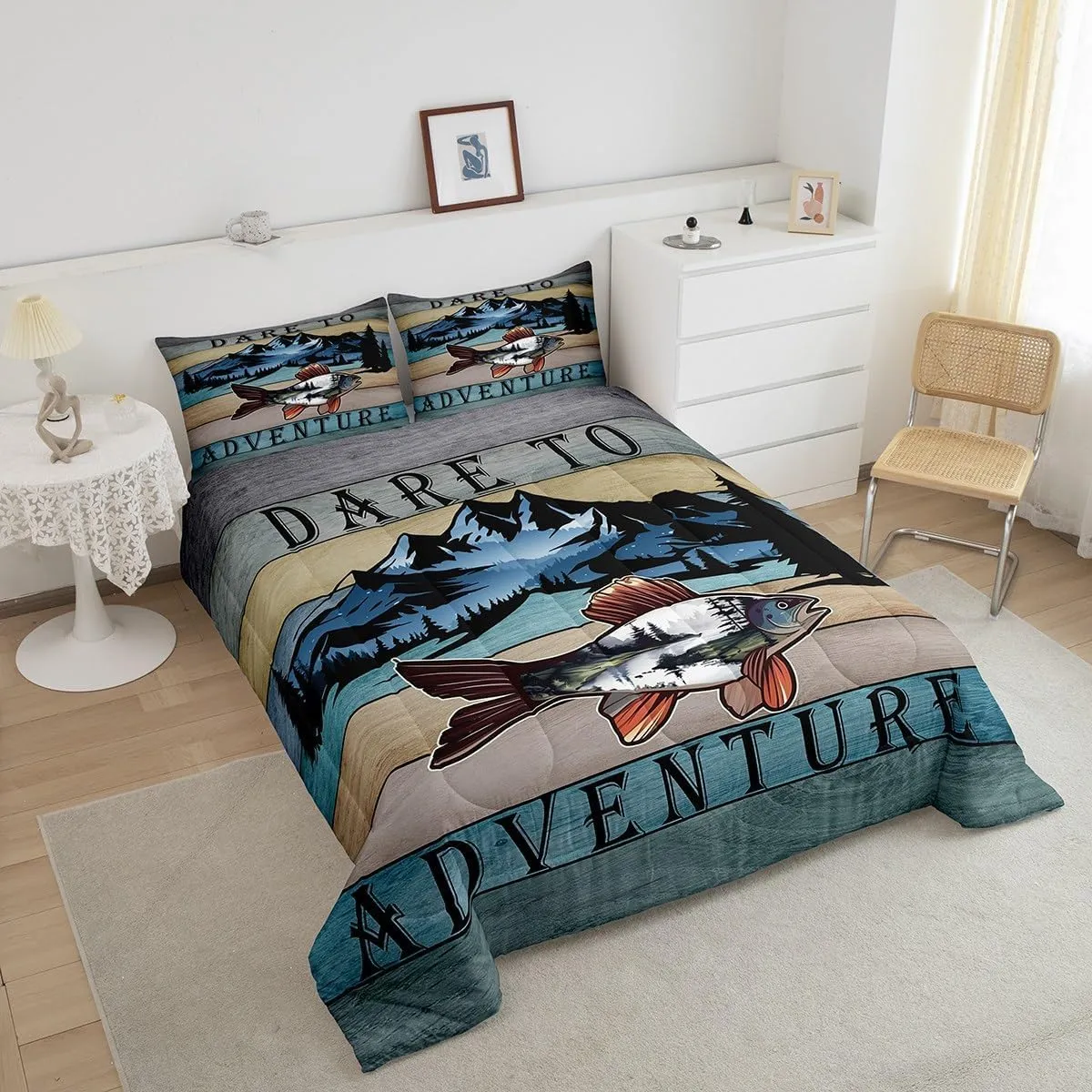 Erosebridal Bass Fishing Comforter Full Size Sea Animal Bedding Set, Retro Stripe Down Comforter Rustic Lake House Bed Set, Woodland Jungle Scene Quilted Duvet Pine Tree Print Home Decoratives 3pcs