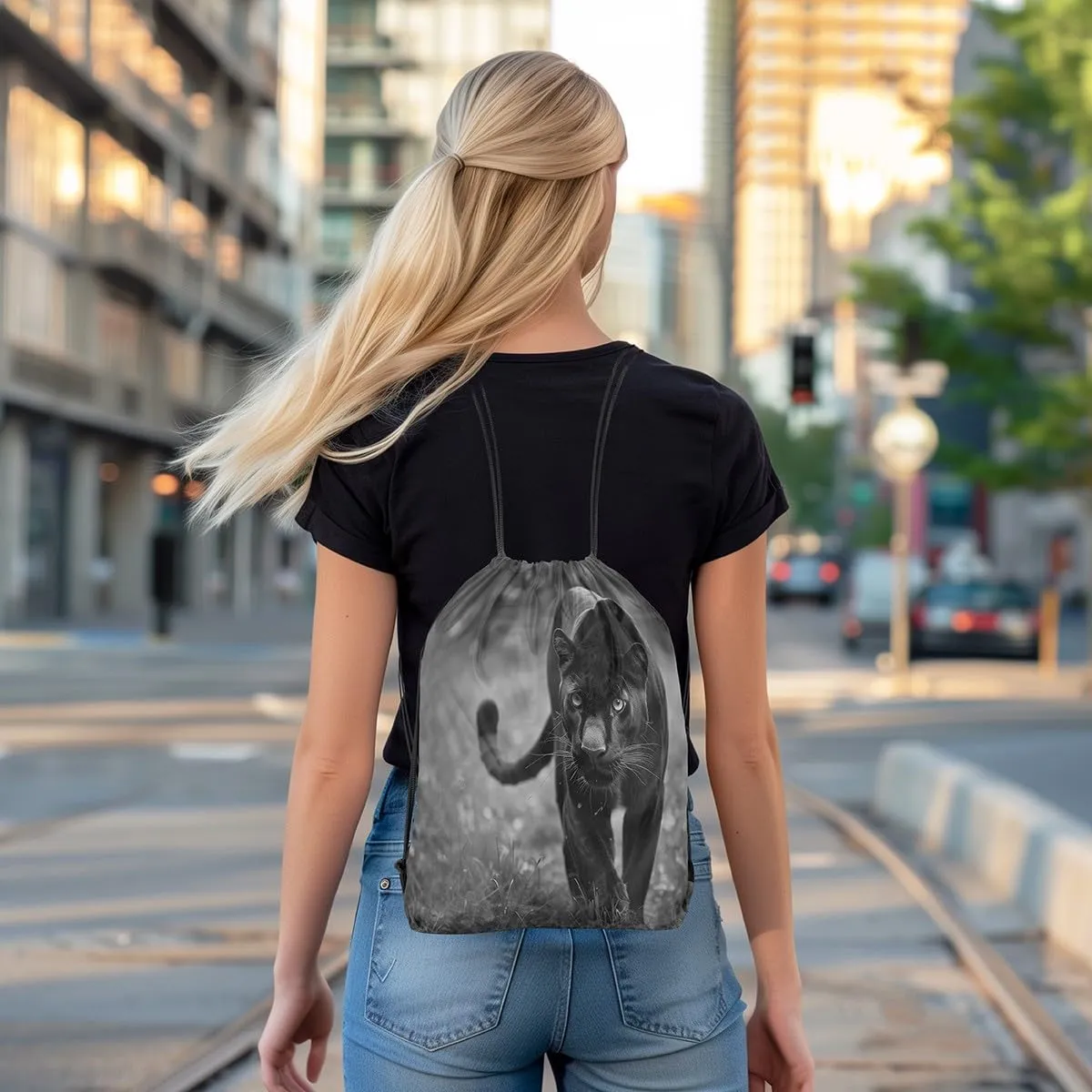 Erosebridal Black Leopard Drawstring Backpack,Cheetah Drawstring Bags,Woodland Wild Animals Draw String Back Bag 13X15.7,Safair African Wildlife String Backpack Waterproof