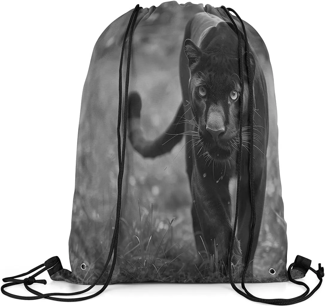 Erosebridal Black Leopard Drawstring Backpack,Cheetah Drawstring Bags,Woodland Wild Animals Draw String Back Bag 13X15.7,Safair African Wildlife String Backpack Waterproof