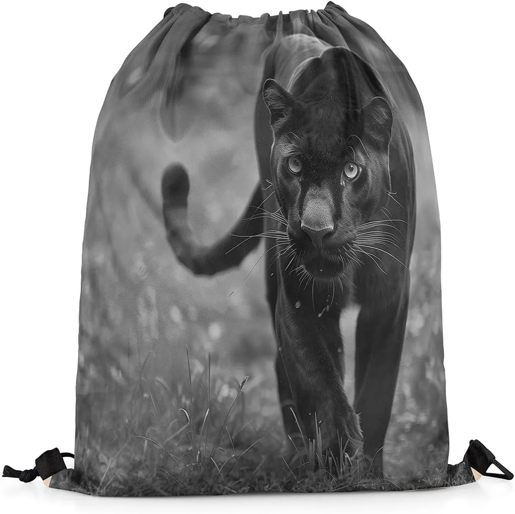 Erosebridal Black Leopard Drawstring Backpack,Cheetah Drawstring Bags,Woodland Wild Animals Draw String Back Bag 13X15.7,Safair African Wildlife String Backpack Waterproof