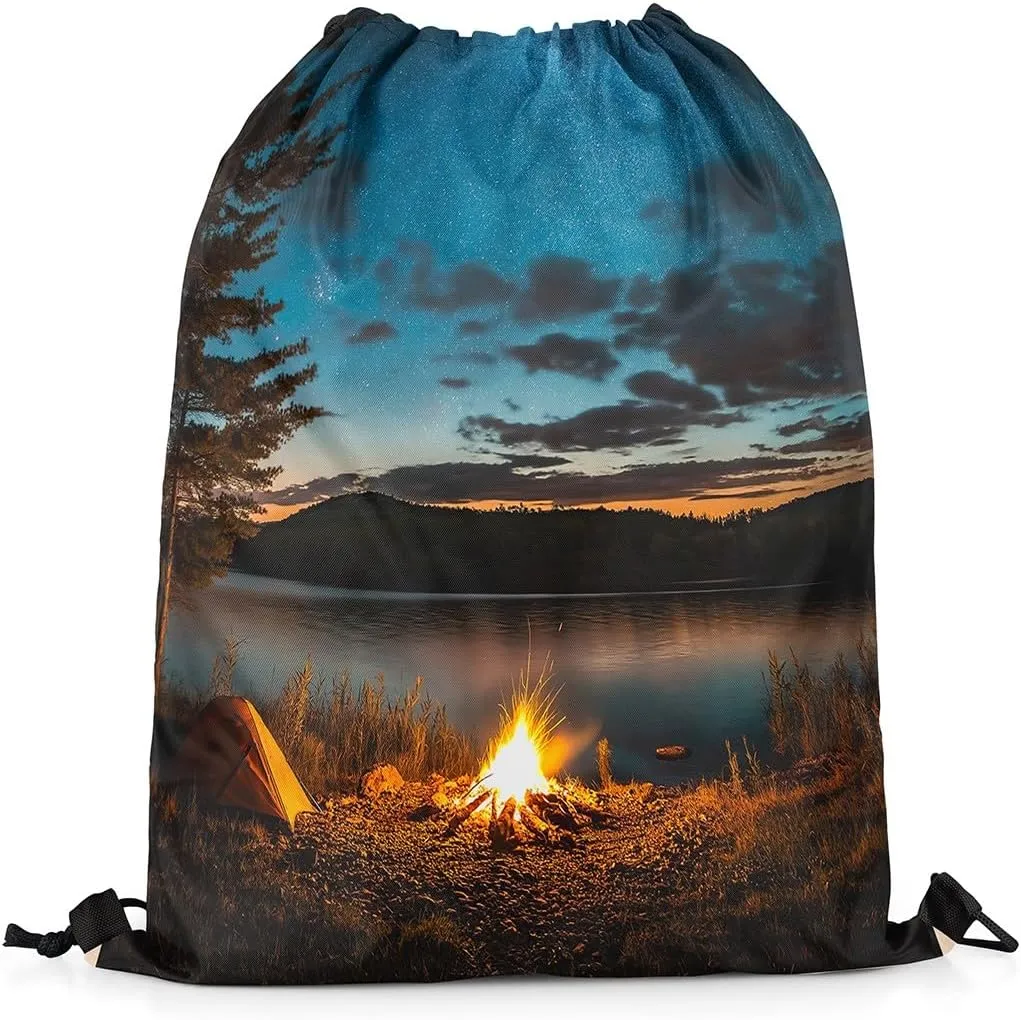 Erosebridal Camping Theme Waterproof Sackpack Happy Camping Drawstring Backpack 13x15.7 For Sport Gym Swim Yoga Camping Natural Forest Campfire Tent Reversible String Bag Camper Adventure Cinch Bags