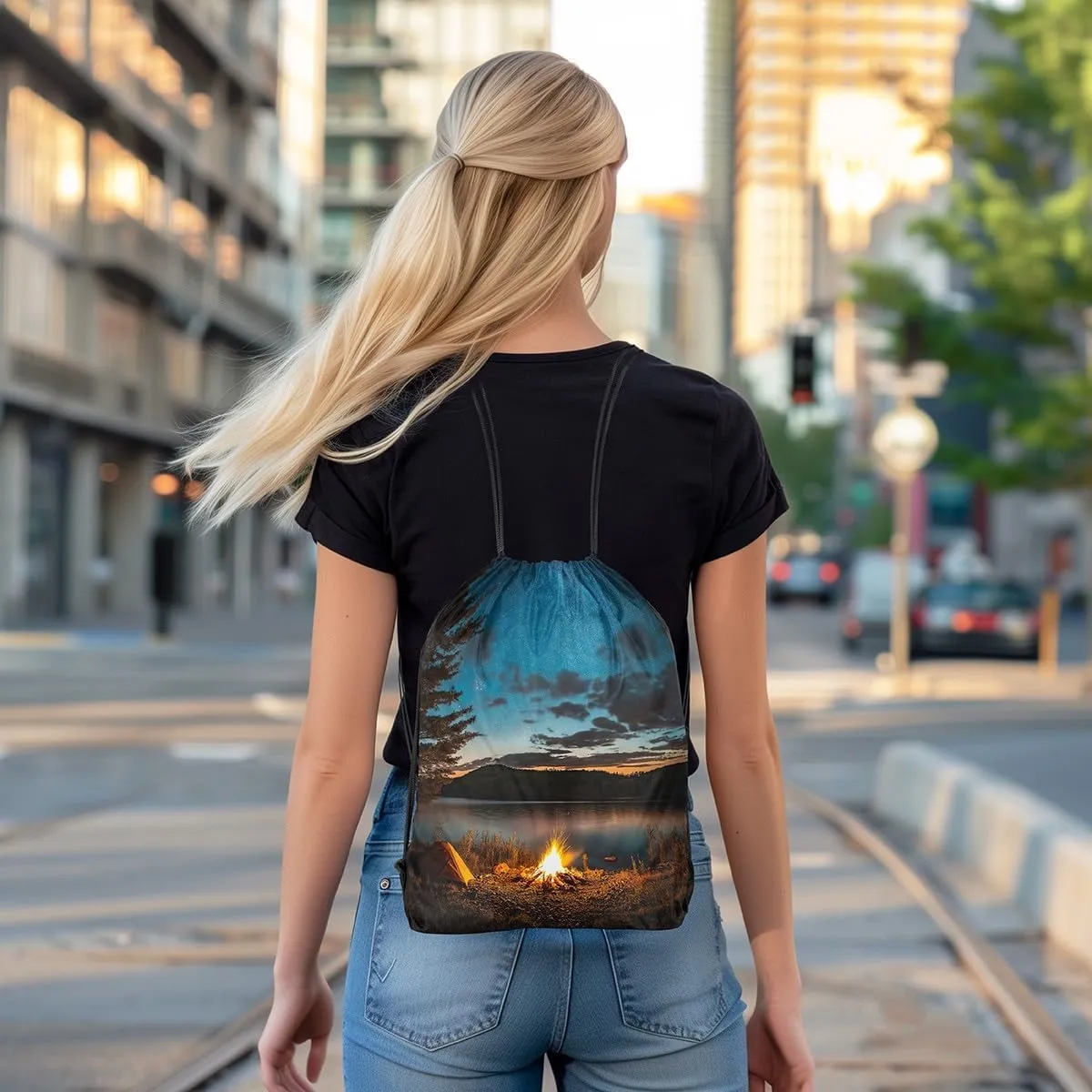 Erosebridal Camping Theme Waterproof Sackpack Happy Camping Drawstring Backpack 13x15.7 For Sport Gym Swim Yoga Camping Natural Forest Campfire Tent Reversible String Bag Camper Adventure Cinch Bags