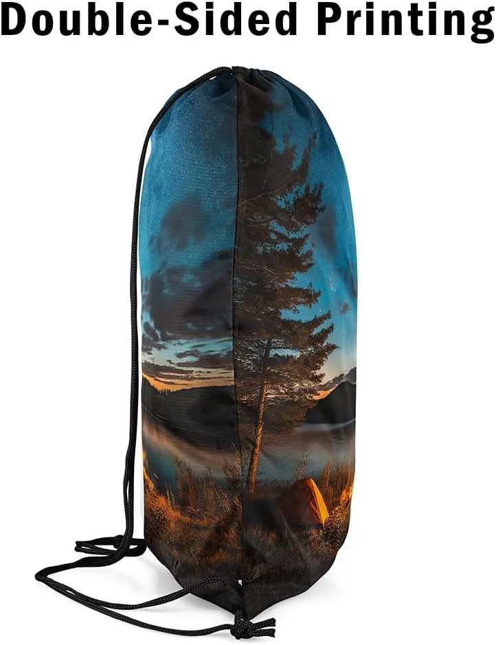 Erosebridal Camping Theme Waterproof Sackpack Happy Camping Drawstring Backpack 13x15.7 For Sport Gym Swim Yoga Camping Natural Forest Campfire Tent Reversible String Bag Camper Adventure Cinch Bags