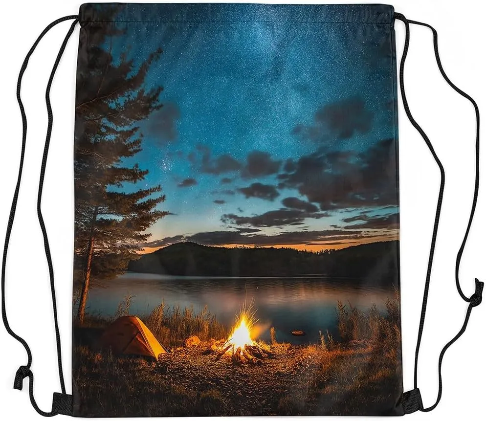 Erosebridal Camping Theme Waterproof Sackpack Happy Camping Drawstring Backpack 13x15.7 For Sport Gym Swim Yoga Camping Natural Forest Campfire Tent Reversible String Bag Camper Adventure Cinch Bags