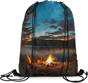 Erosebridal Camping Theme Waterproof Sackpack Happy Camping Drawstring Backpack 13x15.7 For Sport Gym Swim Yoga Camping Natural Forest Campfire Tent Reversible String Bag Camper Adventure Cinch Bags