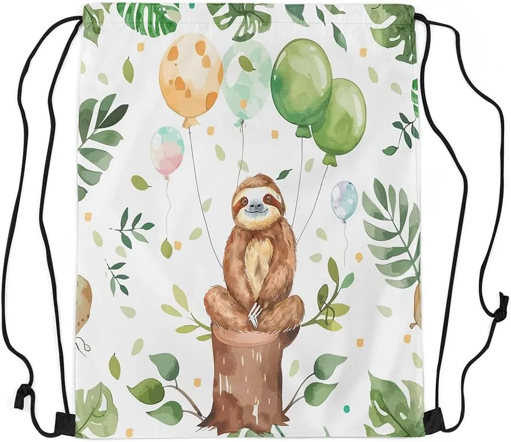 Erosebridal Cartoon Sloth Drawstring Backpack 13x15.7, Cute Animals Reversible Drawstring Bags, Kawaii Balloons Wildlife Draw String Back Bag, Brown Green Tropical String Backpack For Gym Swim