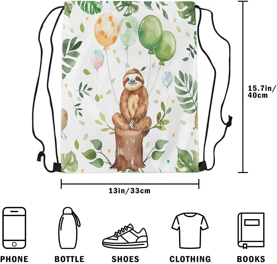 Erosebridal Cartoon Sloth Drawstring Backpack 13x15.7, Cute Animals Reversible Drawstring Bags, Kawaii Balloons Wildlife Draw String Back Bag, Brown Green Tropical String Backpack For Gym Swim