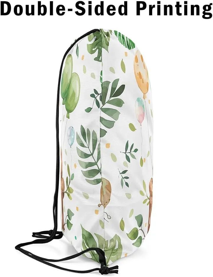 Erosebridal Cartoon Sloth Drawstring Backpack 13x15.7, Cute Animals Reversible Drawstring Bags, Kawaii Balloons Wildlife Draw String Back Bag, Brown Green Tropical String Backpack For Gym Swim
