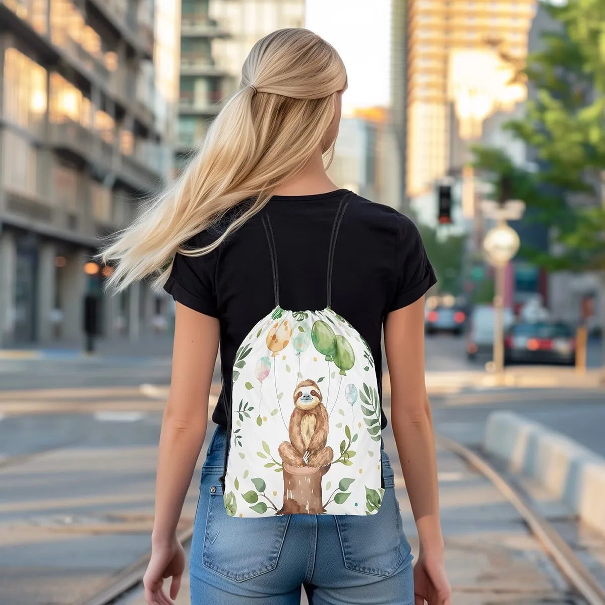 Erosebridal Cartoon Sloth Drawstring Backpack 13x15.7, Cute Animals Reversible Drawstring Bags, Kawaii Balloons Wildlife Draw String Back Bag, Brown Green Tropical String Backpack For Gym Swim