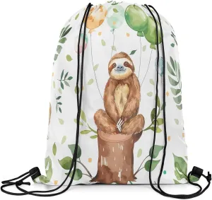 Erosebridal Cartoon Sloth Drawstring Backpack 13x15.7, Cute Animals Reversible Drawstring Bags, Kawaii Balloons Wildlife Draw String Back Bag, Brown Green Tropical String Backpack For Gym Swim
