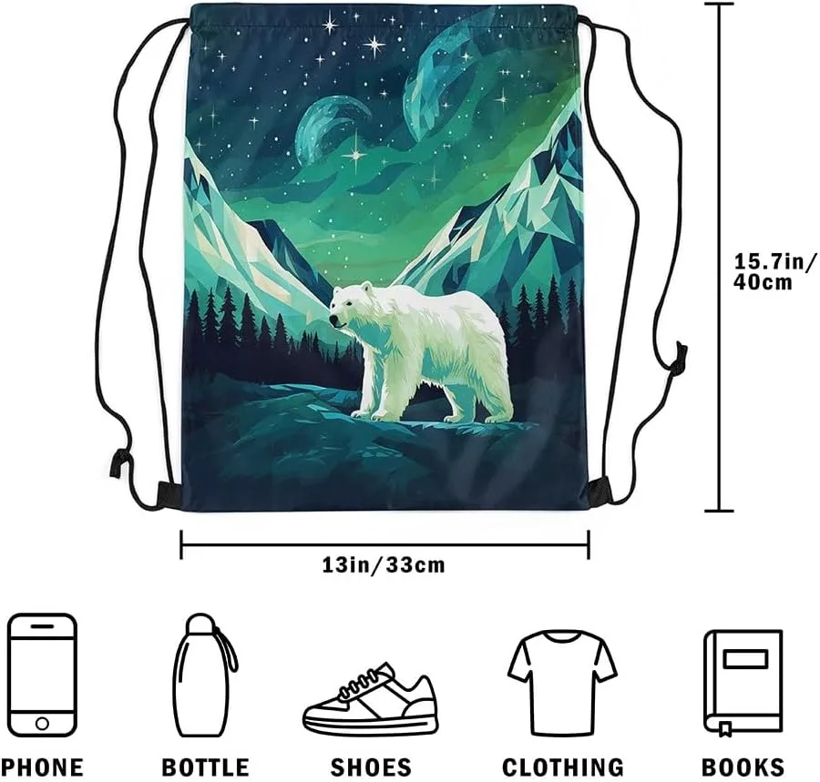 Erosebridal Foldable Green Polar Bear Drawstring Backpack 13X15.7, Arctic Animals Theme Drawstring Bags, Iceberg Pattern Draw String Back Bag, Cute Animal Cinch Bag For Sport Gym