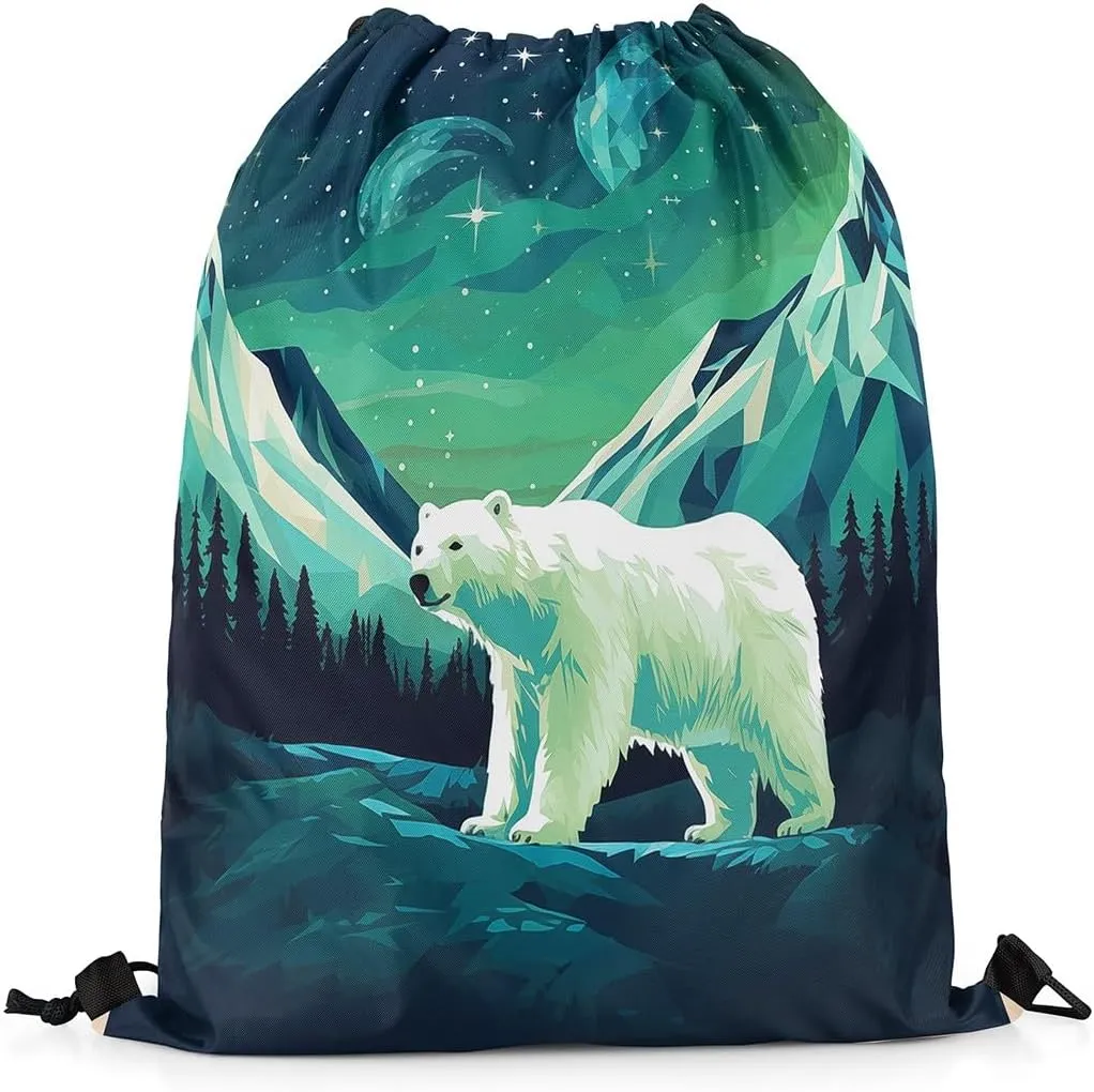 Erosebridal Foldable Green Polar Bear Drawstring Backpack 13X15.7, Arctic Animals Theme Drawstring Bags, Iceberg Pattern Draw String Back Bag, Cute Animal Cinch Bag For Sport Gym