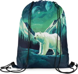 Erosebridal Foldable Green Polar Bear Drawstring Backpack 13X15.7, Arctic Animals Theme Drawstring Bags, Iceberg Pattern Draw String Back Bag, Cute Animal Cinch Bag For Sport Gym