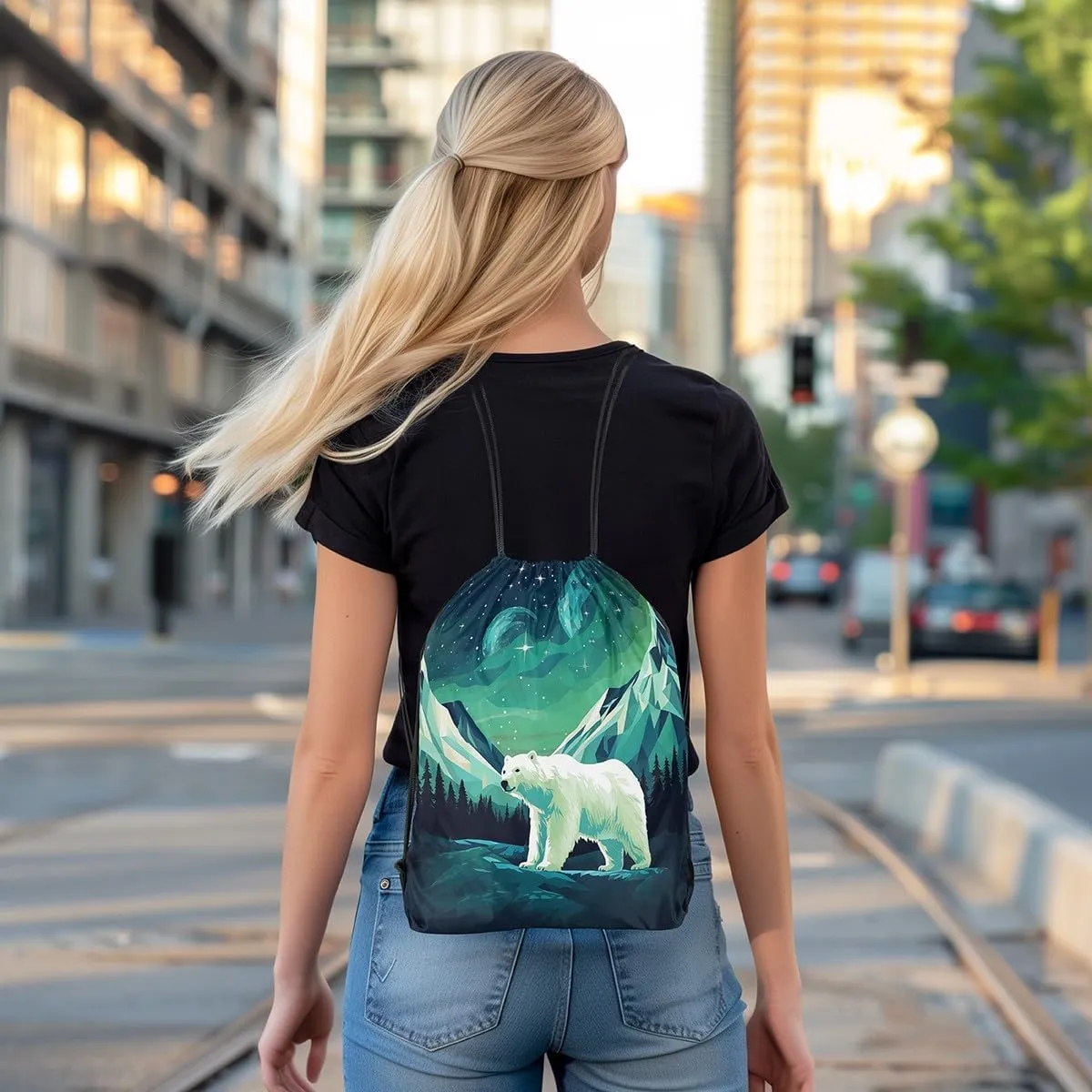 Erosebridal Foldable Green Polar Bear Drawstring Backpack 13X15.7, Arctic Animals Theme Drawstring Bags, Iceberg Pattern Draw String Back Bag, Cute Animal Cinch Bag For Sport Gym