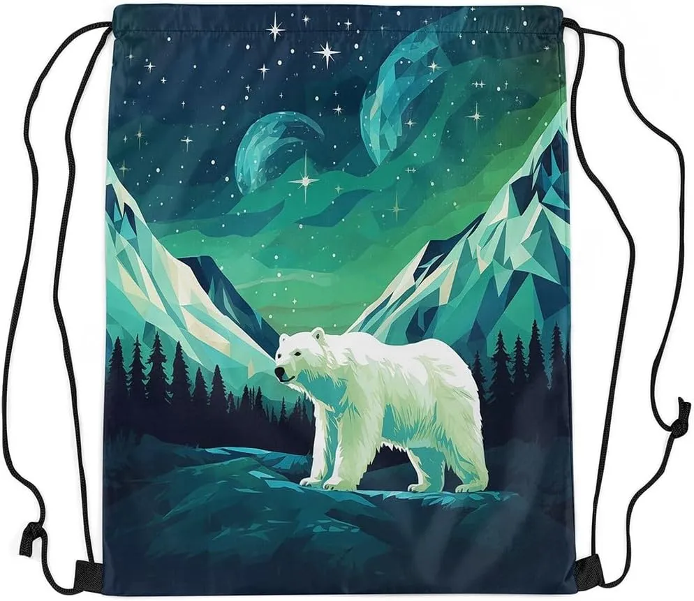 Erosebridal Foldable Green Polar Bear Drawstring Backpack 13X15.7, Arctic Animals Theme Drawstring Bags, Iceberg Pattern Draw String Back Bag, Cute Animal Cinch Bag For Sport Gym