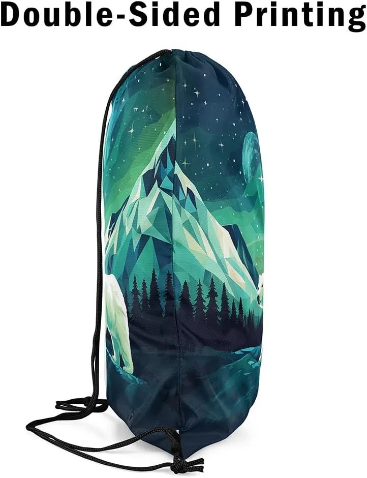 Erosebridal Foldable Green Polar Bear Drawstring Backpack 13X15.7, Arctic Animals Theme Drawstring Bags, Iceberg Pattern Draw String Back Bag, Cute Animal Cinch Bag For Sport Gym