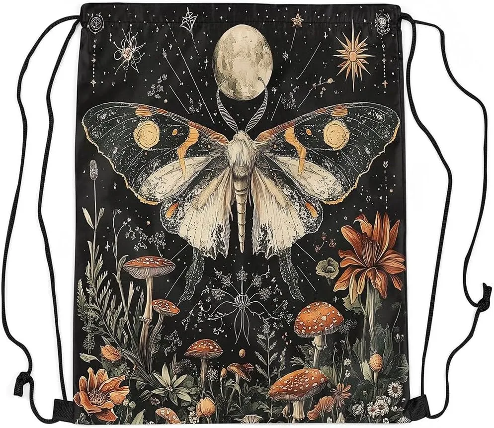 Erosebridal Halloween Gothic Moth Drawstring Backpack 13X15.7,Bohemian Moon Drawstring Bags,Jungle Fungal Botanical Floral Draw String Back Bag,Trippy Mushroom Flowers String Backpack