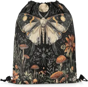 Erosebridal Halloween Gothic Moth Drawstring Backpack 13X15.7,Bohemian Moon Drawstring Bags,Jungle Fungal Botanical Floral Draw String Back Bag,Trippy Mushroom Flowers String Backpack