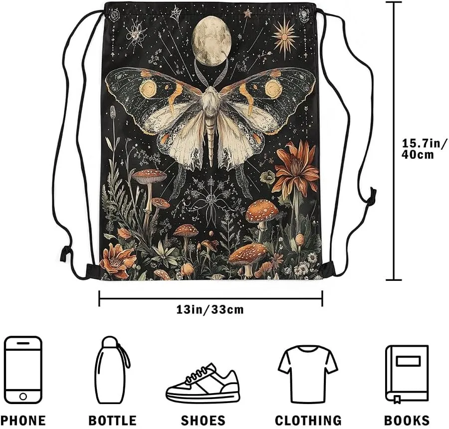 Erosebridal Halloween Gothic Moth Drawstring Backpack 13X15.7,Bohemian Moon Drawstring Bags,Jungle Fungal Botanical Floral Draw String Back Bag,Trippy Mushroom Flowers String Backpack