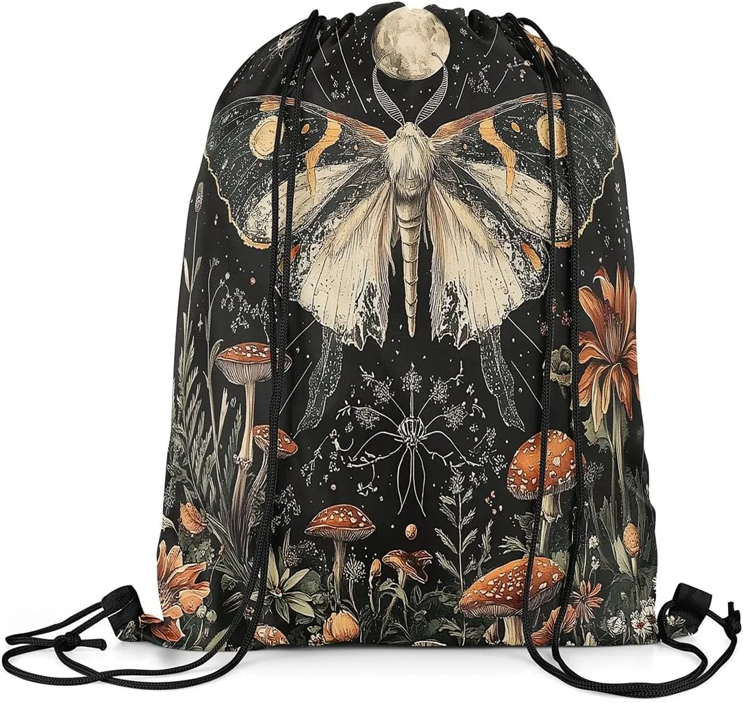 Erosebridal Halloween Gothic Moth Drawstring Backpack 13X15.7,Bohemian Moon Drawstring Bags,Jungle Fungal Botanical Floral Draw String Back Bag,Trippy Mushroom Flowers String Backpack