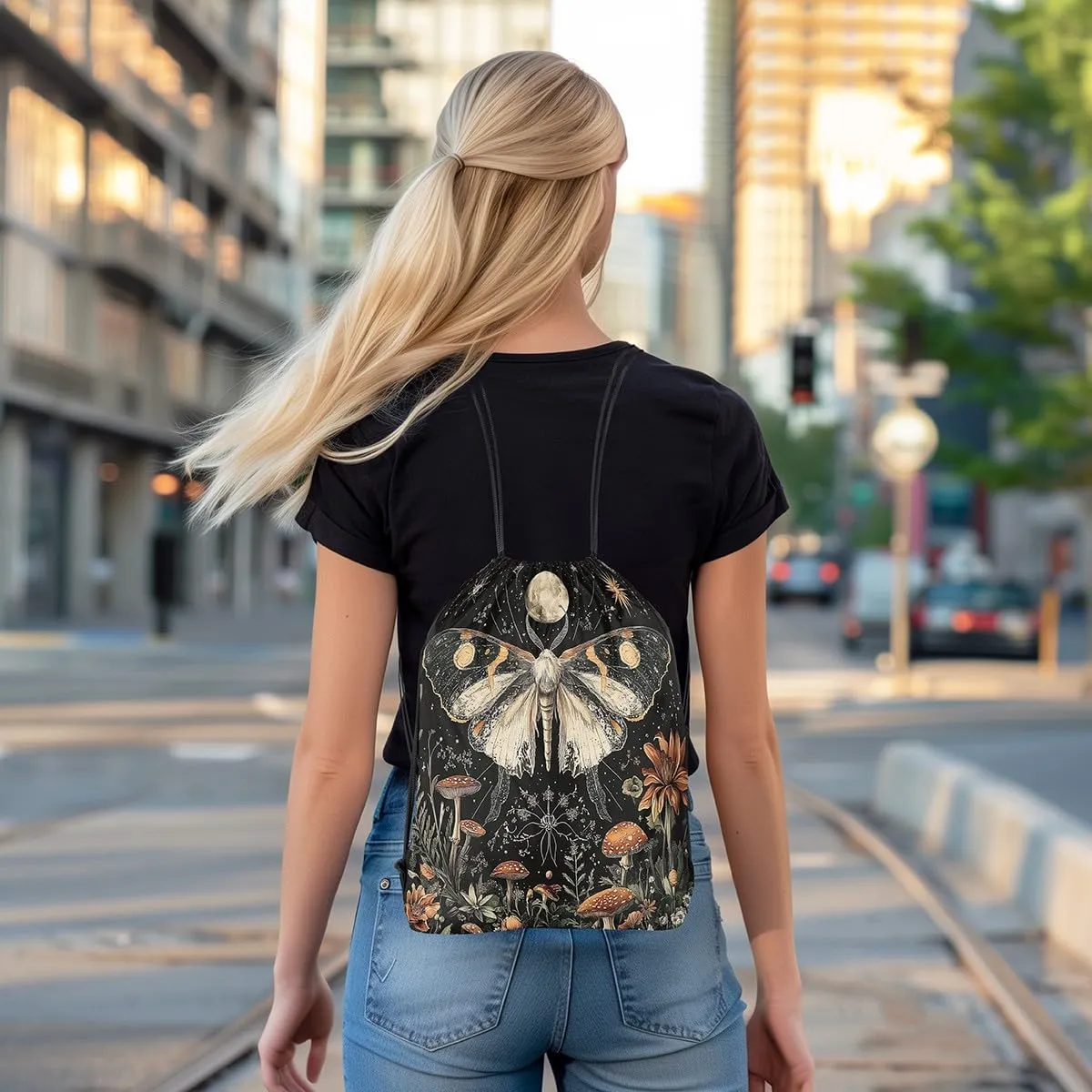 Erosebridal Halloween Gothic Moth Drawstring Backpack 13X15.7,Bohemian Moon Drawstring Bags,Jungle Fungal Botanical Floral Draw String Back Bag,Trippy Mushroom Flowers String Backpack
