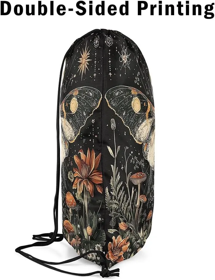 Erosebridal Halloween Gothic Moth Drawstring Backpack 13X15.7,Bohemian Moon Drawstring Bags,Jungle Fungal Botanical Floral Draw String Back Bag,Trippy Mushroom Flowers String Backpack