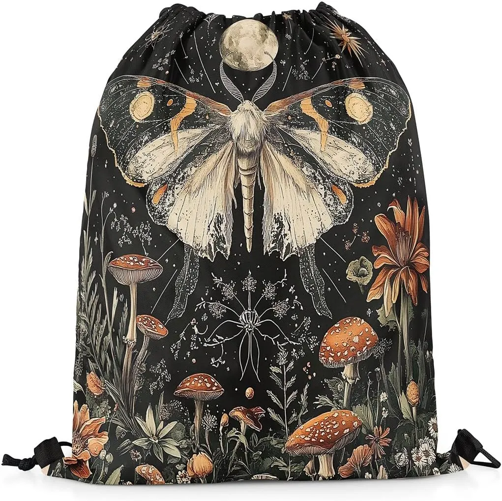 Erosebridal Halloween Gothic Moth Drawstring Backpack 13X15.7,Bohemian Moon Drawstring Bags,Jungle Fungal Botanical Floral Draw String Back Bag,Trippy Mushroom Flowers String Backpack