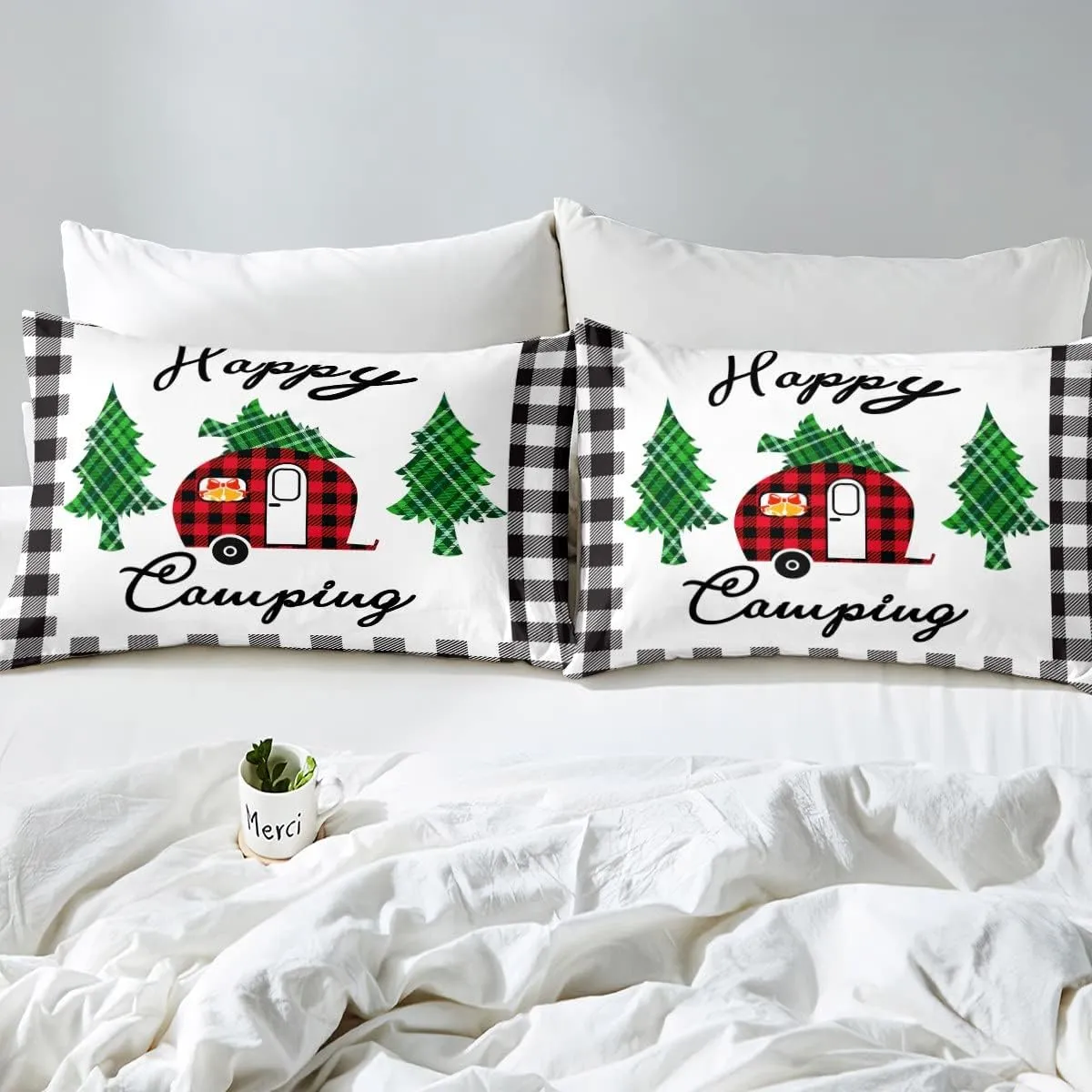 Erosebridal Happy Camping Bedding for Adult Boys Camper Duvet Cover Queen, Rustic Home Decor Farmhouse for Girls Women Kids Bedroom Decor Camping Bedding, Geometry Grid Comforter Cover