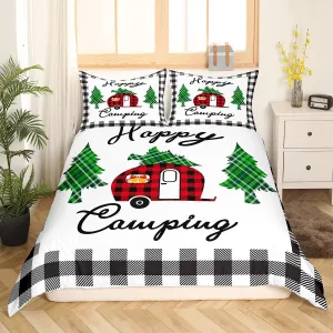 Erosebridal Happy Camping Bedding for Adult Boys Camper Duvet Cover Queen, Rustic Home Decor Farmhouse for Girls Women Kids Bedroom Decor Camping Bedding, Geometry Grid Comforter Cover