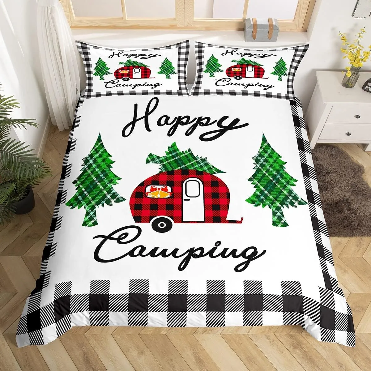 Erosebridal Happy Camping Bedding for Adult Boys Camper Duvet Cover Queen, Rustic Home Decor Farmhouse for Girls Women Kids Bedroom Decor Camping Bedding, Geometry Grid Comforter Cover