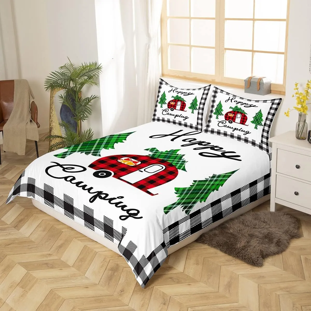 Erosebridal Happy Camping Bedding for Adult Boys Camper Duvet Cover Queen, Rustic Home Decor Farmhouse for Girls Women Kids Bedroom Decor Camping Bedding, Geometry Grid Comforter Cover
