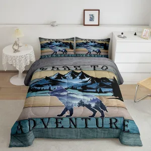 Erosebridal Hunting Wolf Bedding Set Full Size Safari Animal Comforter Set, Navy Brown Stripe Bedding Comforter Sets Watercolor Mountain Duvet Sets, Retro Farmhouse Decor Quilted Comforter All-Season