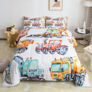 Erosebridal Kids Excavator Comforter Set Full Size, Retro Truck Down Comforter for Boys Girls Teens, Tractor Machinery Construction Vehicle Bedding Set Crane Digger Mixer Quilted Duvet Bedroom Decor