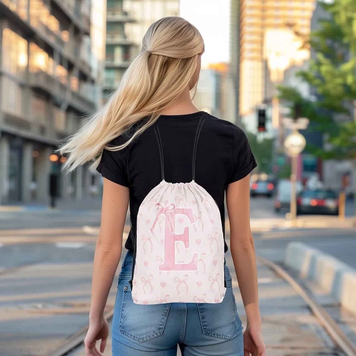 Erosebridal Pink Letter E 13x15.7 For Dreamy Princess Style String Bag Cute Alphabet Sackpack Aesthetic Butterfly Knot Love Heart Bow Tie Cinch Bag