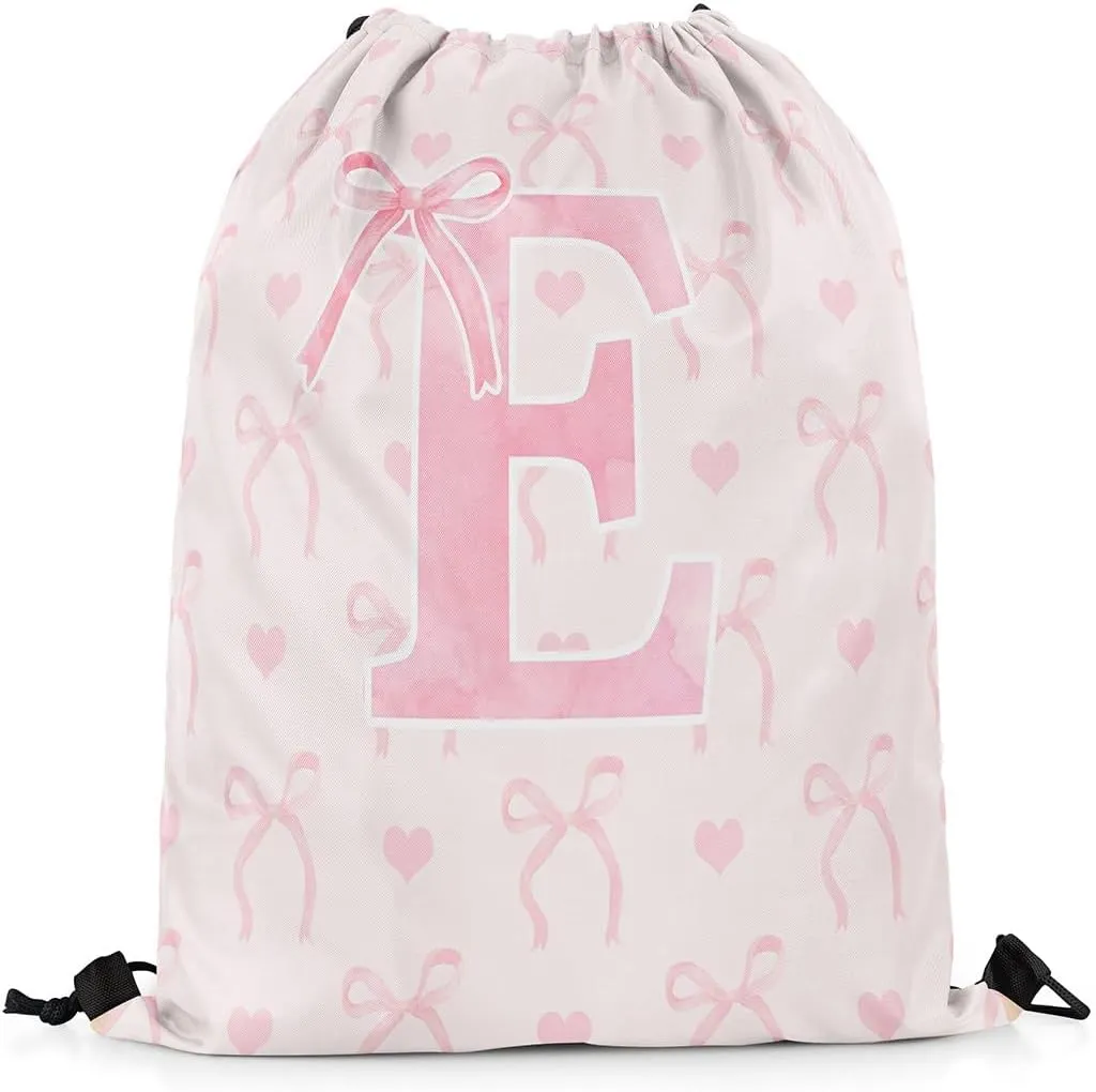 Erosebridal Pink Letter E 13x15.7 For Dreamy Princess Style String Bag Cute Alphabet Sackpack Aesthetic Butterfly Knot Love Heart Bow Tie Cinch Bag