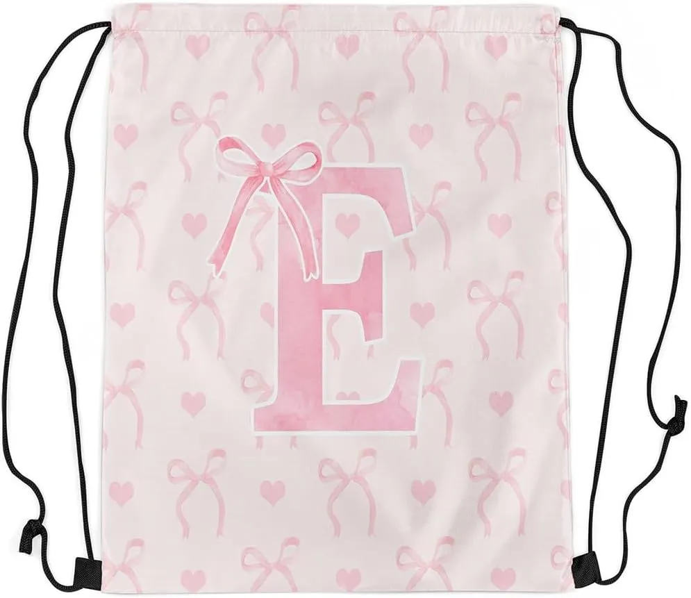 Erosebridal Pink Letter E 13x15.7 For Dreamy Princess Style String Bag Cute Alphabet Sackpack Aesthetic Butterfly Knot Love Heart Bow Tie Cinch Bag