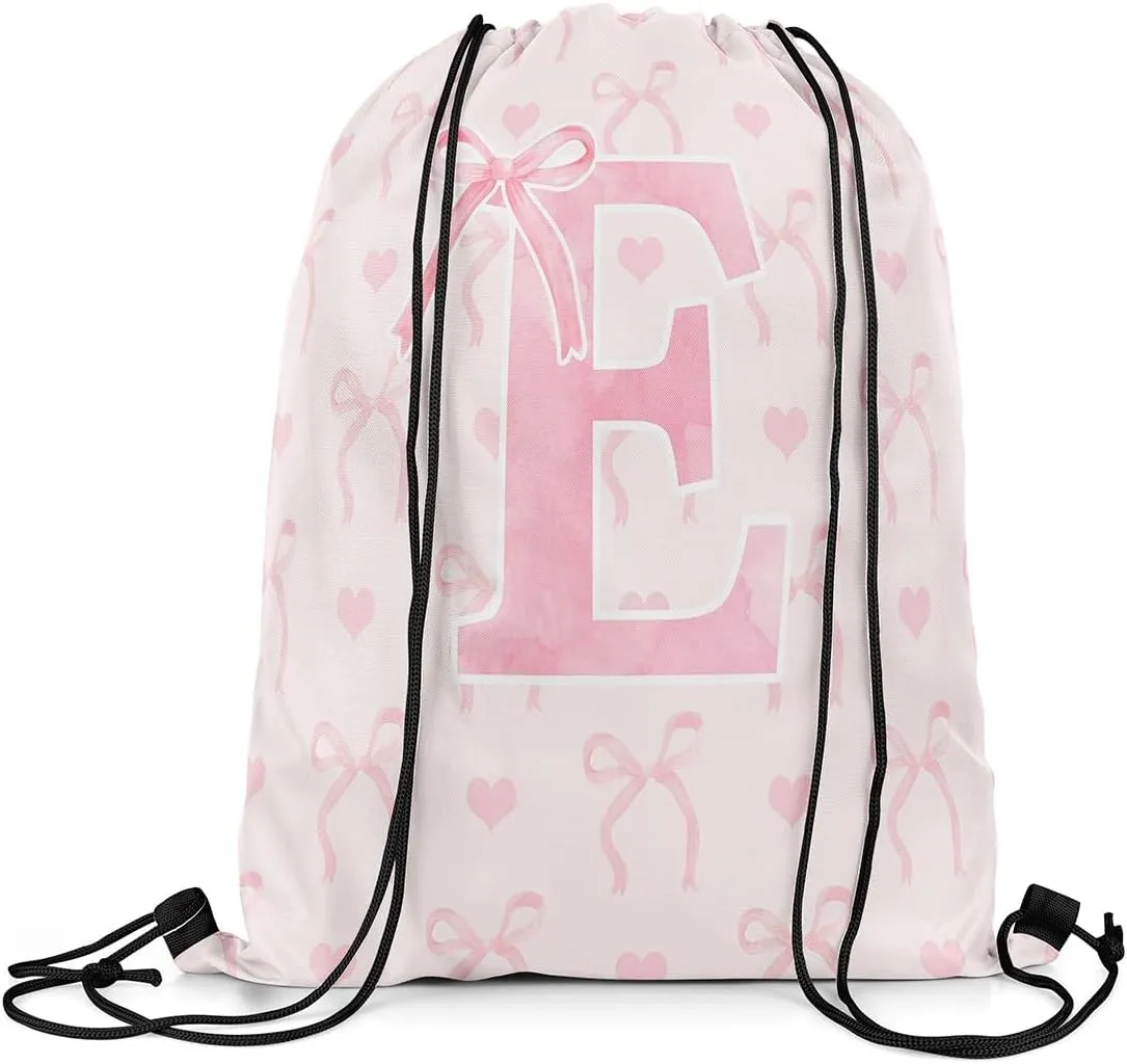 Erosebridal Pink Letter E 13x15.7 For Dreamy Princess Style String Bag Cute Alphabet Sackpack Aesthetic Butterfly Knot Love Heart Bow Tie Cinch Bag