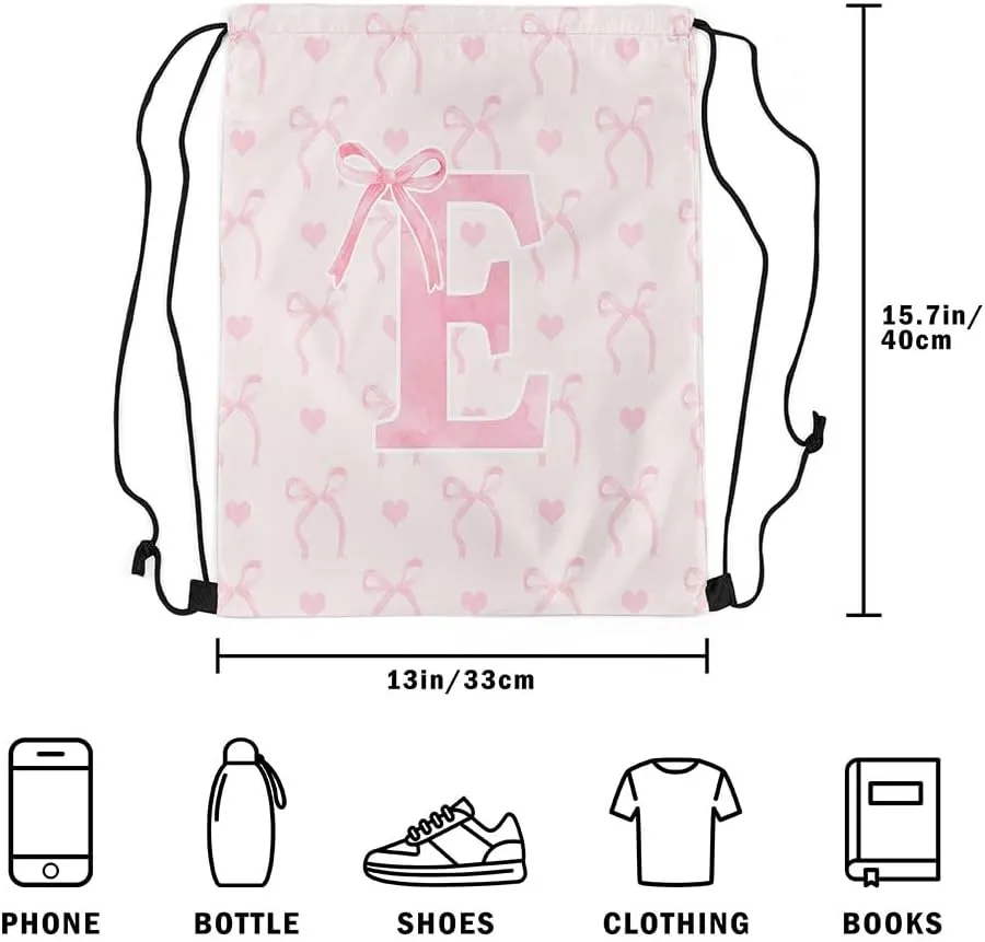 Erosebridal Pink Letter E 13x15.7 For Dreamy Princess Style String Bag Cute Alphabet Sackpack Aesthetic Butterfly Knot Love Heart Bow Tie Cinch Bag