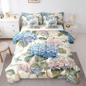 Erosebridal Vintage Hydrangea Flower Bed in a Bag 7pcs Retro Floral Bedding Set, Girls Butterfly Queen Size Comforter Set Beige Grunge Bedding Comforter Sets, Spring Garden Blossoms Bed Set