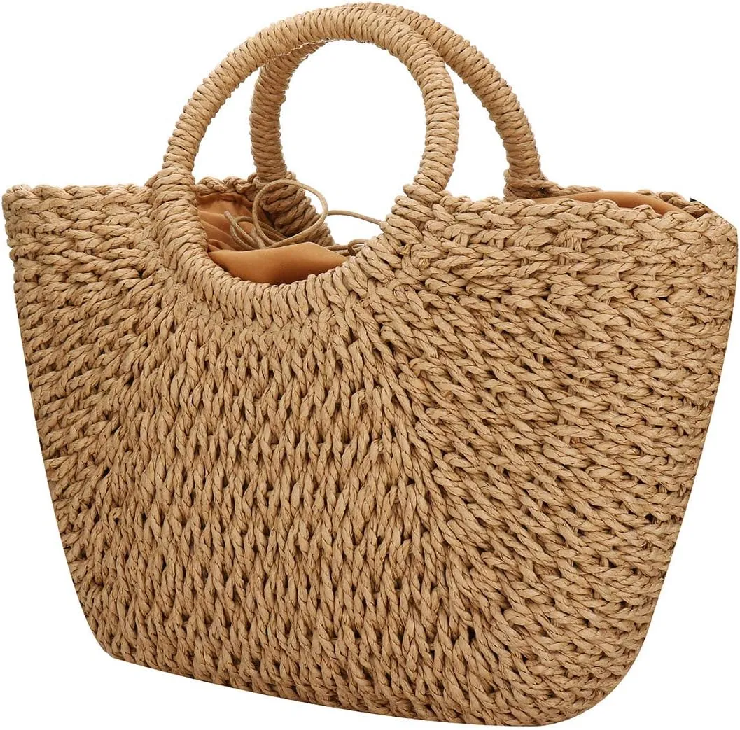 EROUGE Natural Chic Straw Bag Hand Woven Round Handle Handbags Retro Summer Beach Bag