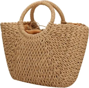 EROUGE Natural Chic Straw Bag Hand Woven Round Handle Handbags Retro Summer Beach Bag