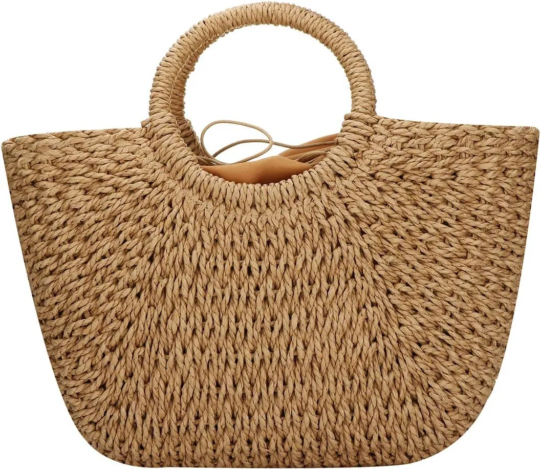EROUGE Natural Chic Straw Bag Hand Woven Round Handle Handbags Retro Summer Beach Bag