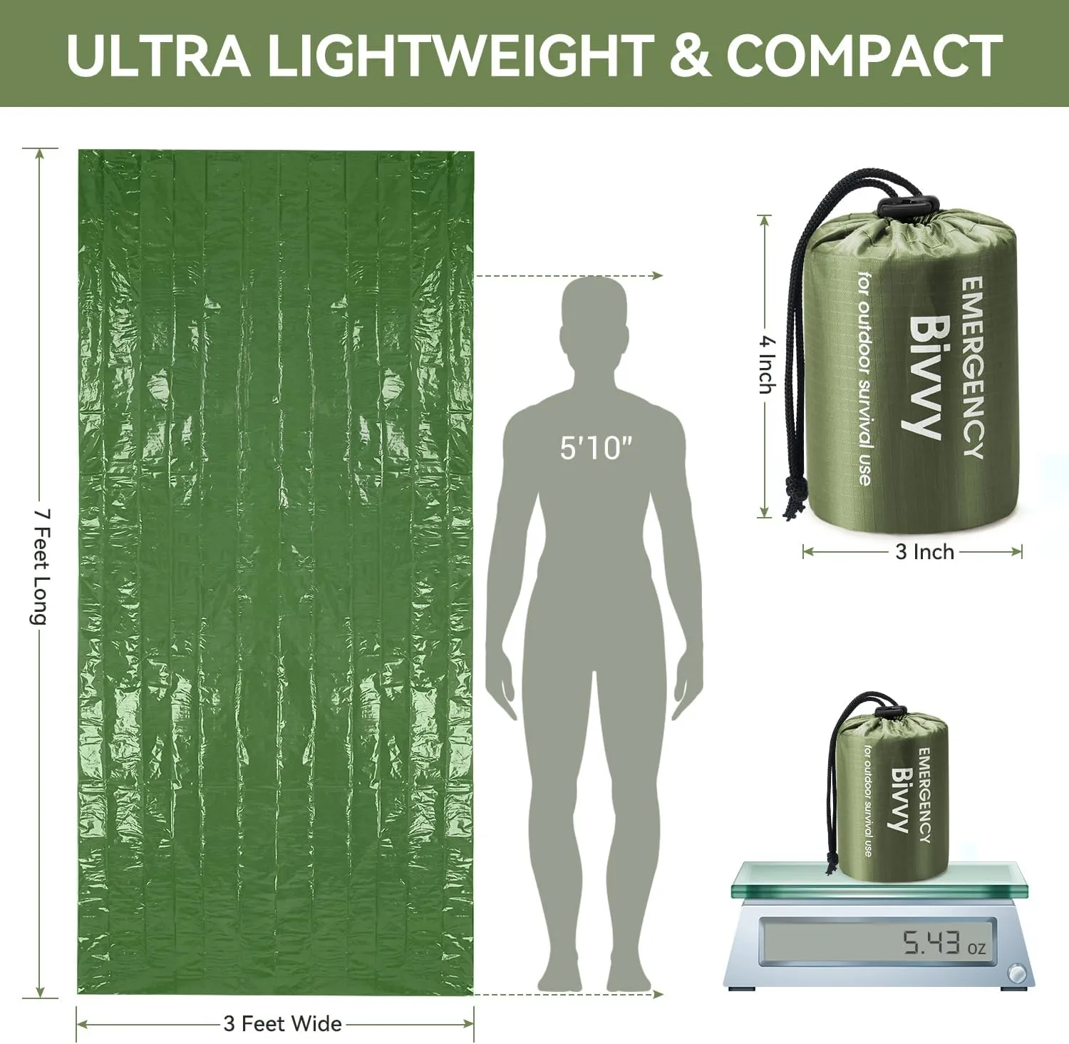 Esky Emergency Sleeping Bag, Portable Emergency Blanket Thermal Bivy Sack, Waterproof Lightweight Survival Gear with Compass for Camping Hiking Outdoor Adventure