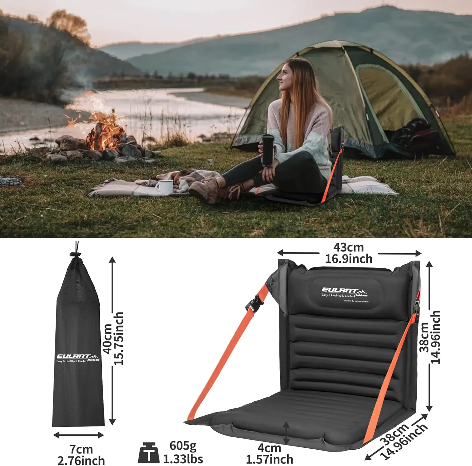 EULANT Inflatable Lightweight Folding Seats for Camping Chair with Back Support Adjustable Straps,Foldable Bleacher Chairs for Camping Hiking Sporting Events and Park