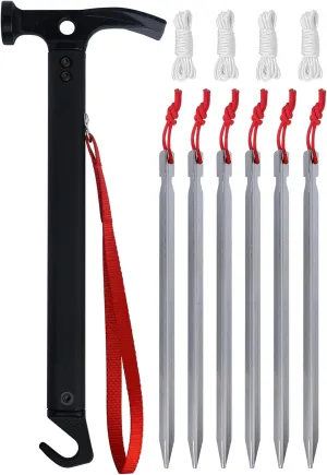 Eurmax USA Hiking Camping Tent Stakes and Hammer Set Lightweight Multi-Function Tent Hammer with Tent Stake Remover,Tent Pegs for Camping, Hiking, Backpacking, Gardening (Silver Stakes)