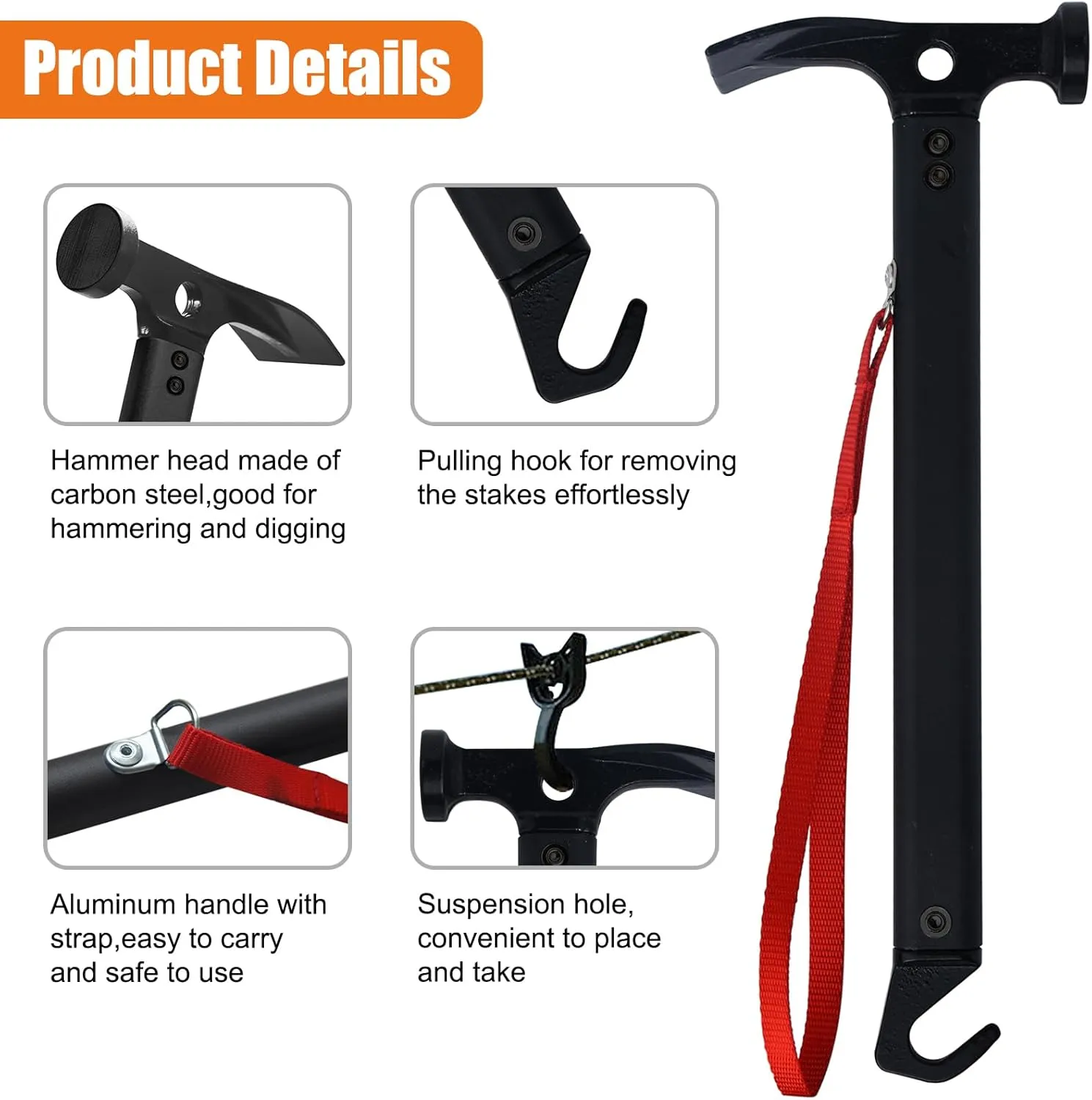 Eurmax USA Hiking Camping Tent Stakes and Hammer Set Lightweight Multi-Function Tent Hammer with Tent Stake Remover,Tent Pegs for Camping, Hiking, Backpacking, Gardening (Silver Stakes)