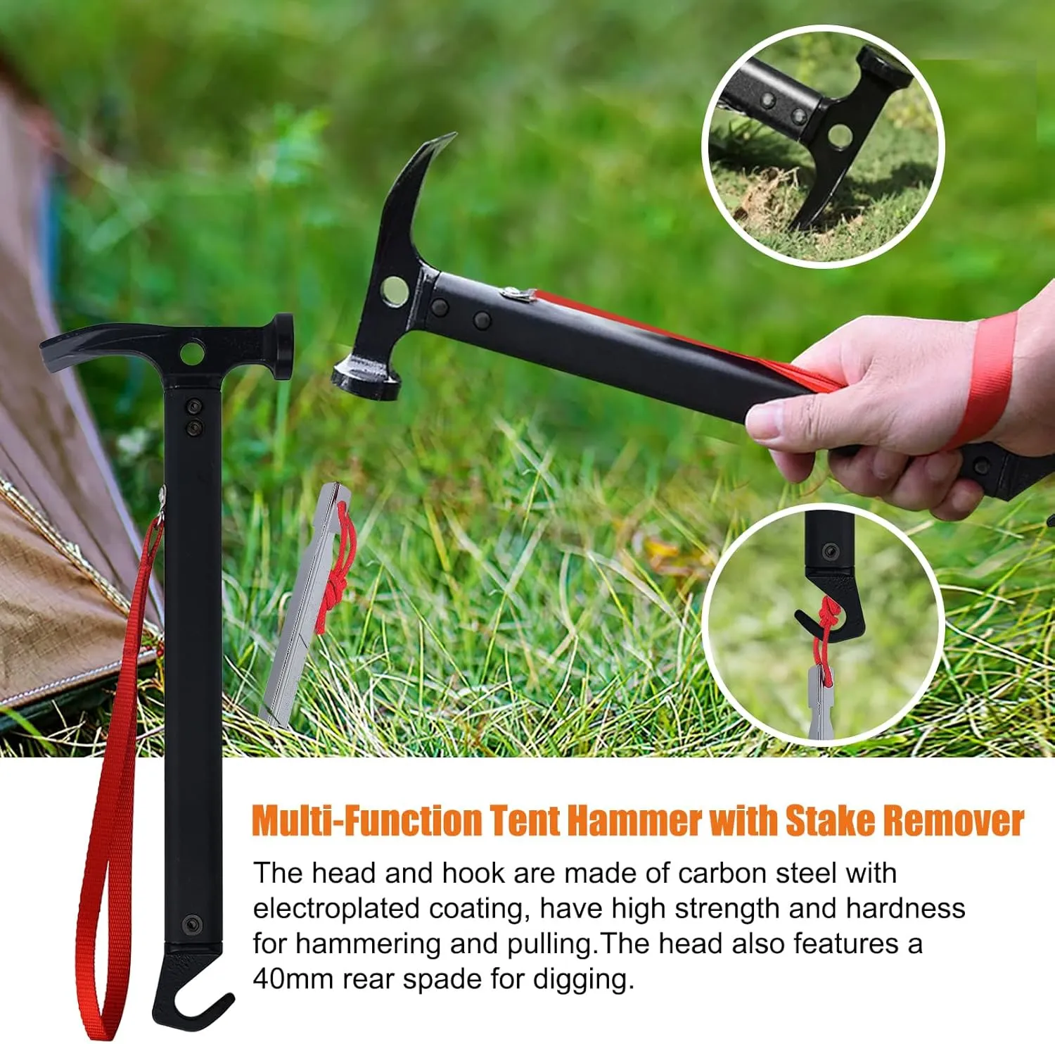 Eurmax USA Hiking Camping Tent Stakes and Hammer Set Lightweight Multi-Function Tent Hammer with Tent Stake Remover,Tent Pegs for Camping, Hiking, Backpacking, Gardening (Silver Stakes)